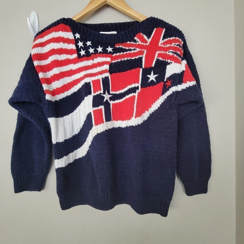 Talbots Vintage Hand Knit USA American Patriotic British Flag Hand Knit Sweater
